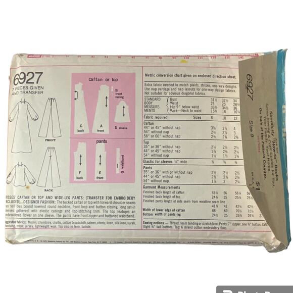 Simplicity 6927 Caftan Top Pant Pattern Miss 8 Wide Leg Mumu Tunic Groovy - Picture 4 of 7